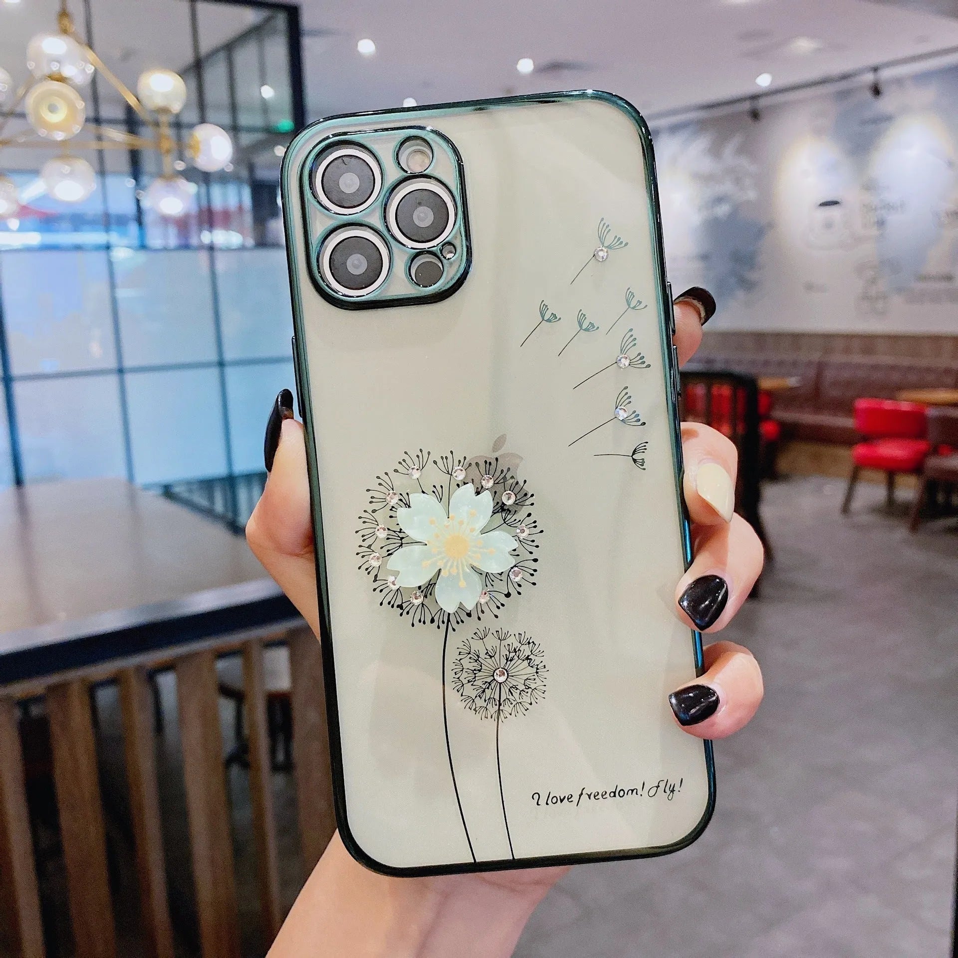 Green iPhone case with a 3D floral spin stand on the back and a built-in screen protector.