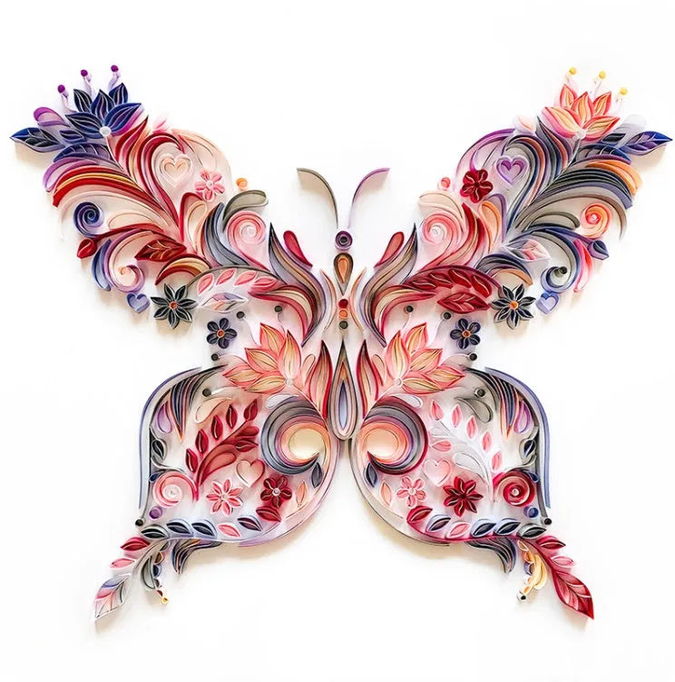 20 inch handmade butterfly quilling paper ornament with craft tools on blue background