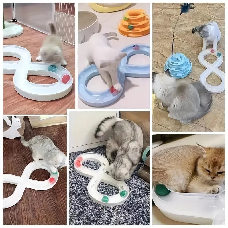 Blue and white cat turntable track ball toy with rotating ball stick for self-play.