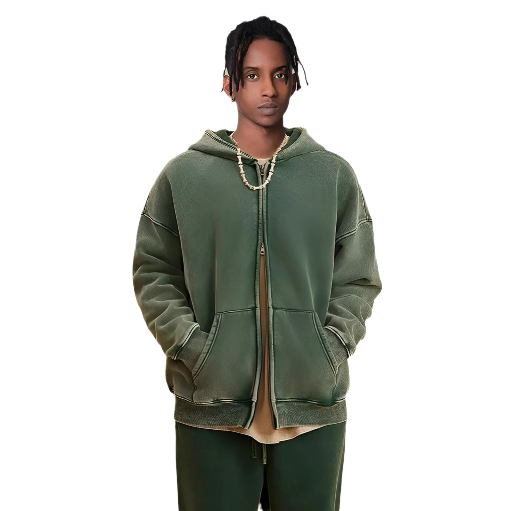 Men's vintage washed cotton hooded cardigan with fleece lining and a double zipper front.