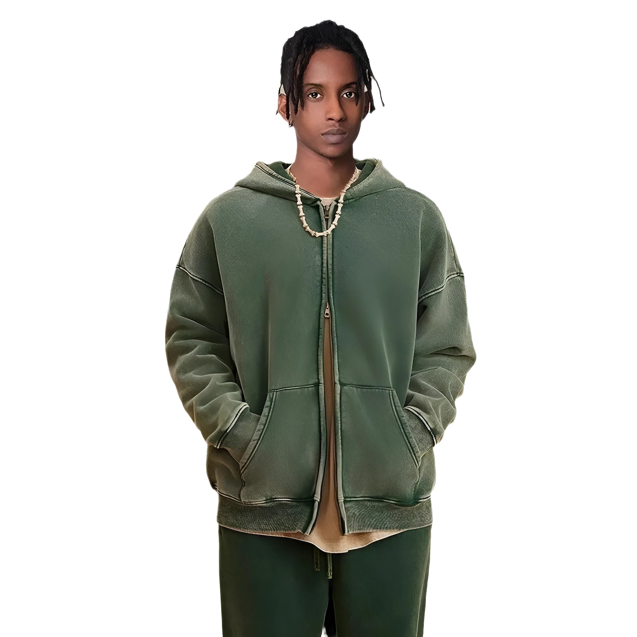 Men's vintage washed cotton hooded cardigan with fleece lining and a double zipper front.