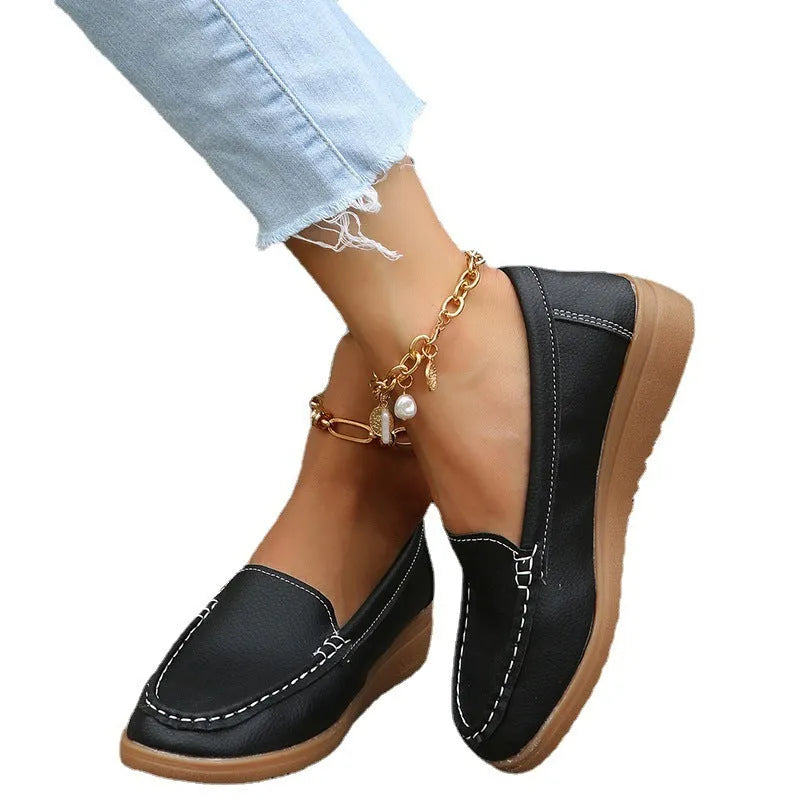Women's flat loafer shoes in PU leather, shown in multiple colours with round toe and rubber sole.