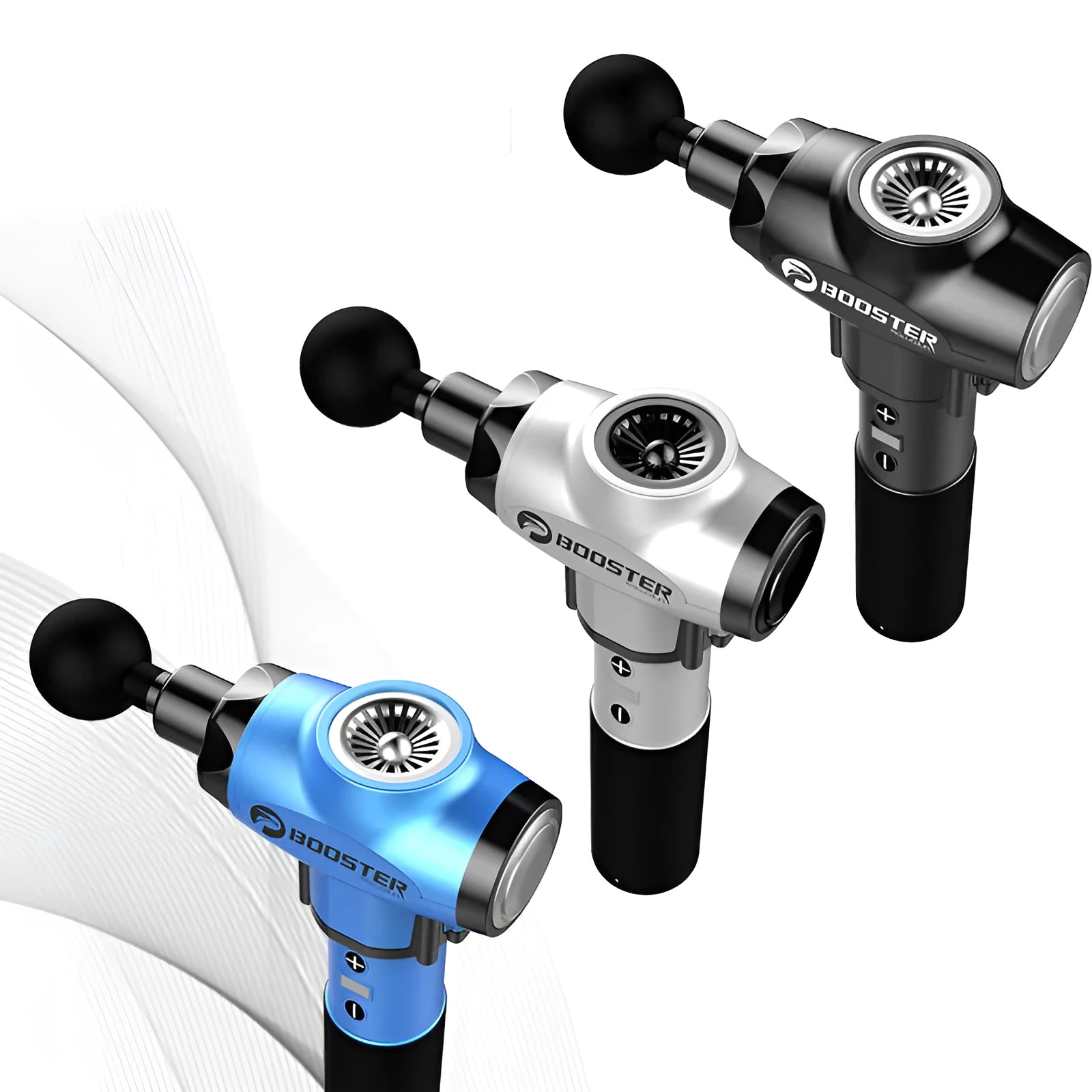 Black and white muscle massage gun with adjustable speed control and lithium battery power