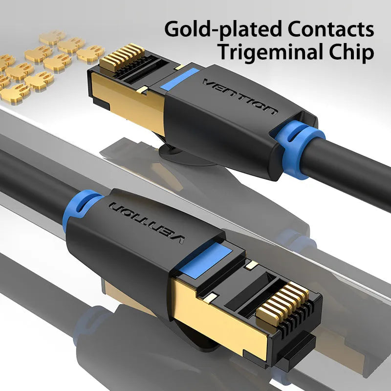 CAT8 shielded Ethernet cable with RJ45 connectors, shown in flat and round styles on a desktop.