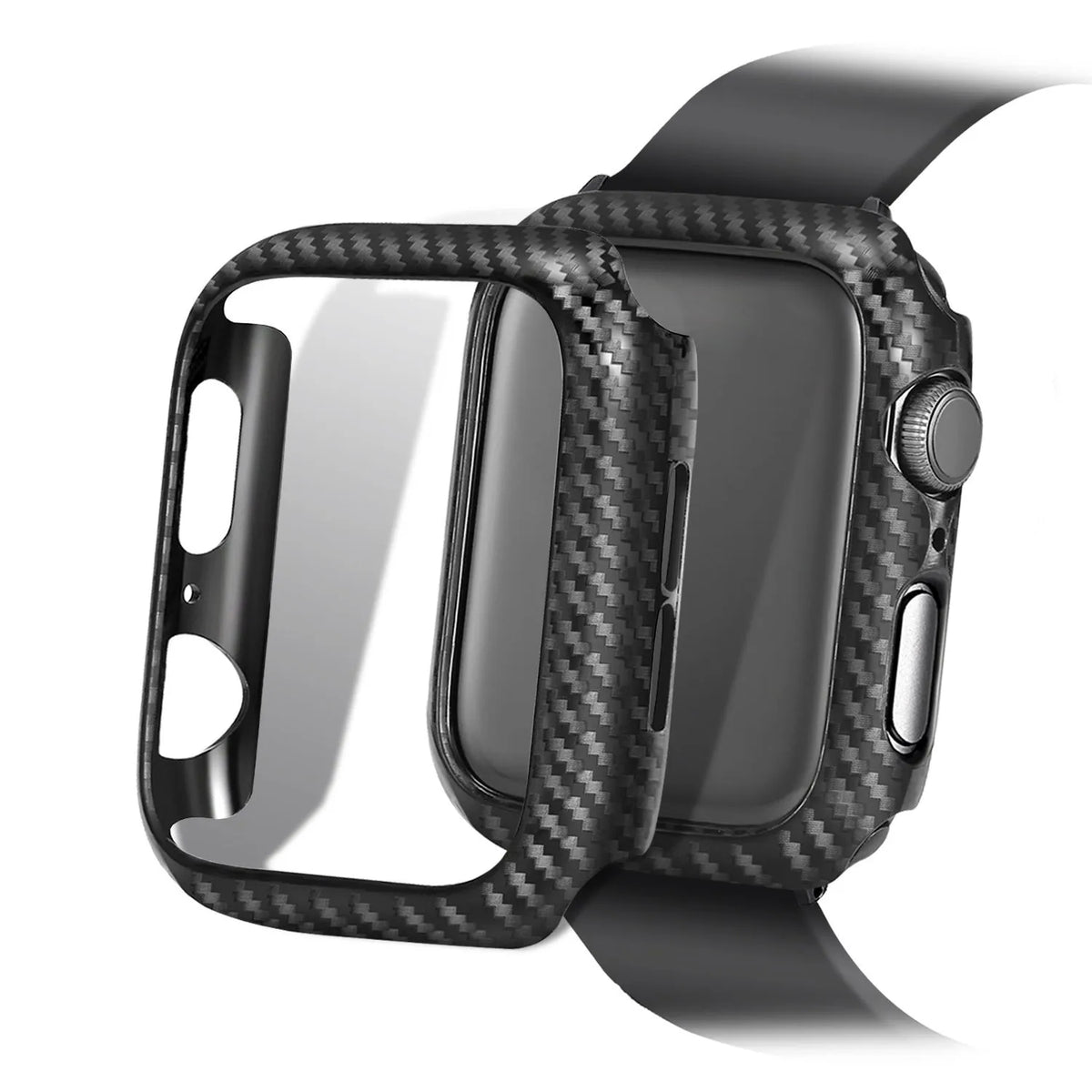 Apple Watch with black leather strap, carbon fibre details, and PC hard shell case with carbon fibre pattern.