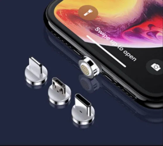 Black magnetic fast-charge data cable with glowing side lights next to a smartphone.
