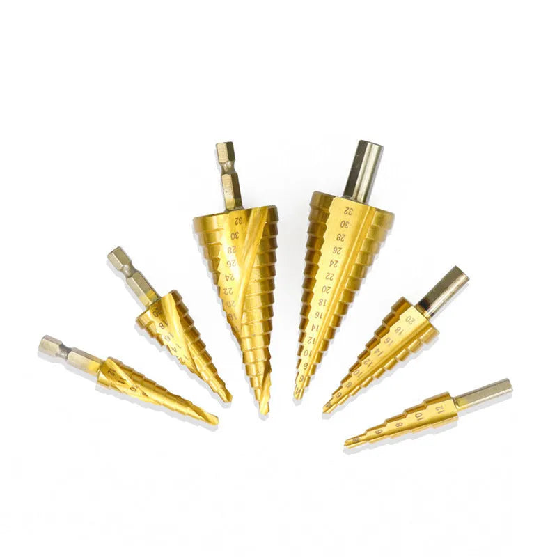 Cone drill bit and centre punch set with high-speed steel step drills in a case, colour-coded options shown.
