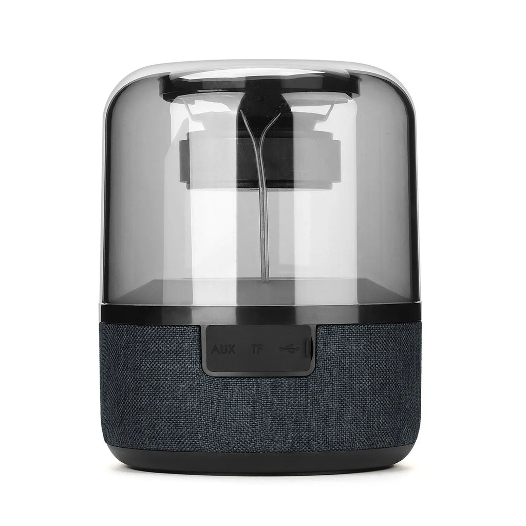 Black wireless Bluetooth speaker with LED lighting and touch controls showing four colours