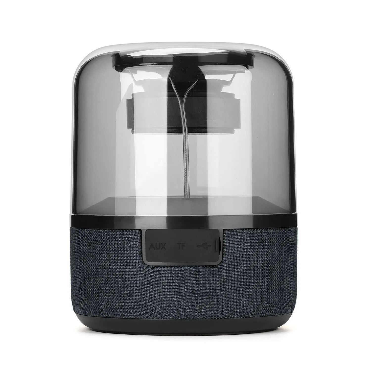 Black wireless Bluetooth speaker with LED lighting and touch controls showing four colours