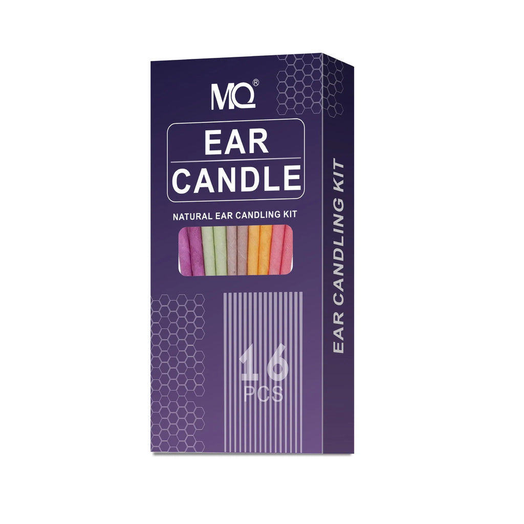 Ear candle set showing 16 candles, 8 protection boards and 16 cotton swabs arranged on table