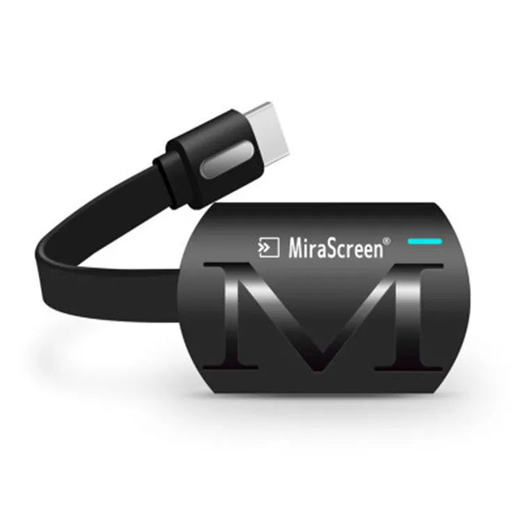 Black HD TV dongle for smartphone screen mirroring with HDMI port.