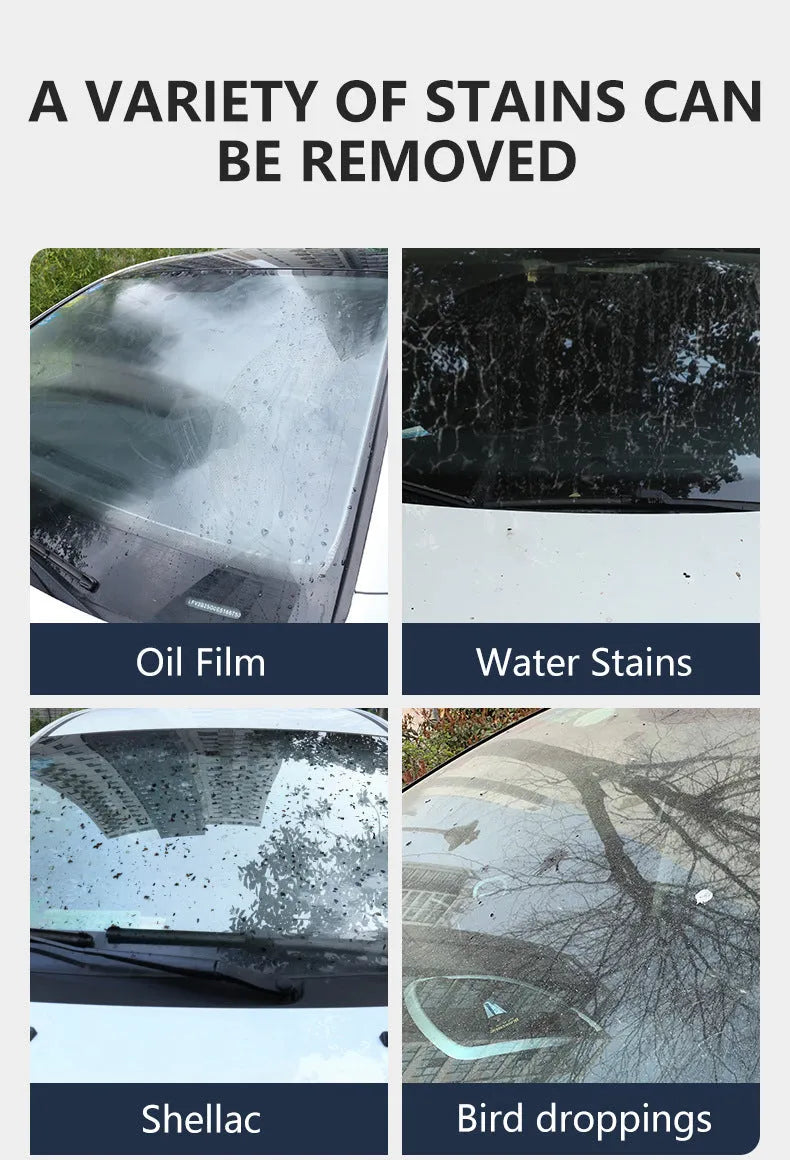 Tube of glass oil film remover cleaning cream in 100ml size, shown with paste applied to a car windscreen.