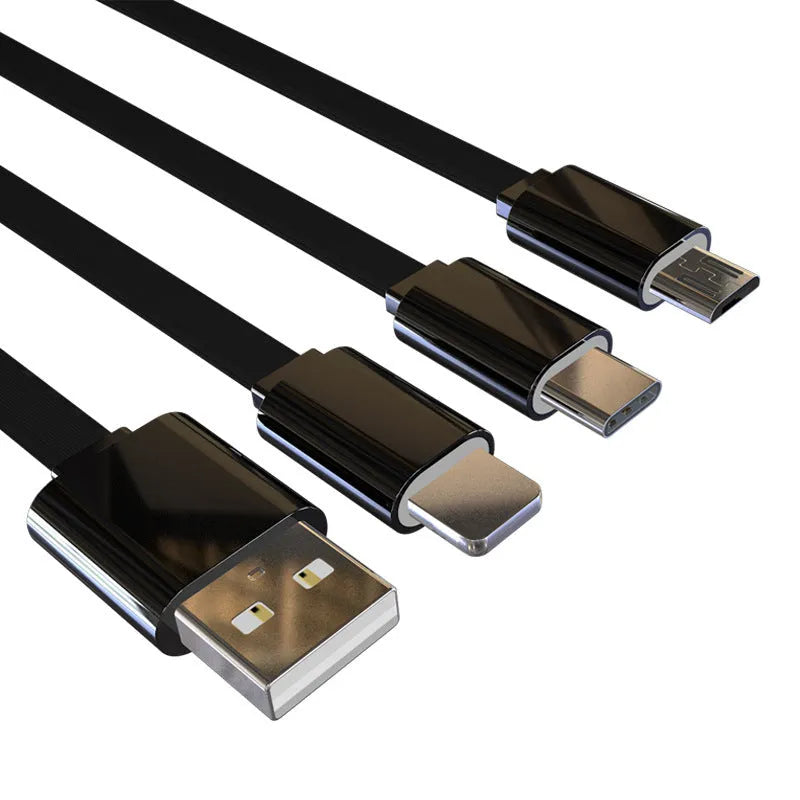 Three-in-one data cable 1m noodles style one for three in black or white, split connector for multiple devices.