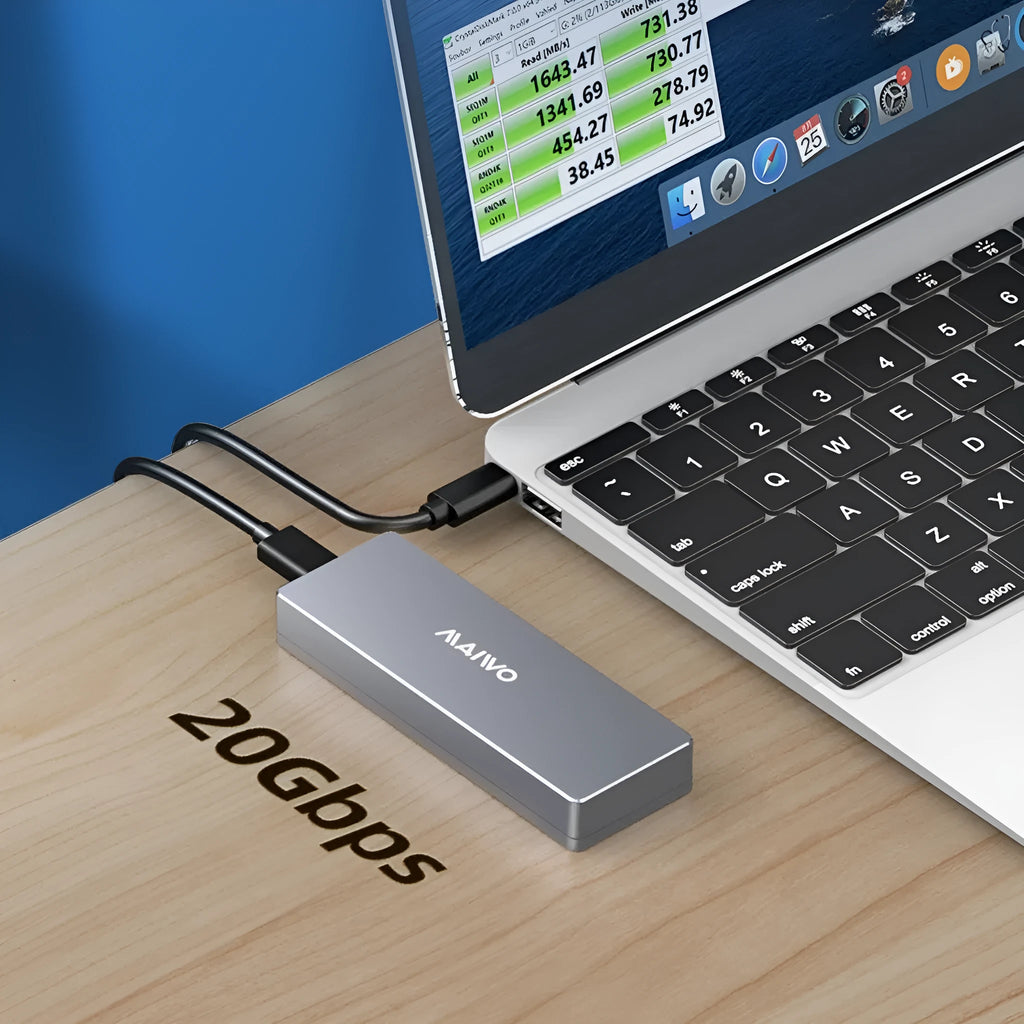 Aluminium M.2 NVMe SSD external enclosure with USB Type-C cable and installation tools on a grey background.