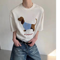 Grey men's t-shirt with an embroidered sausage dog design on the chest