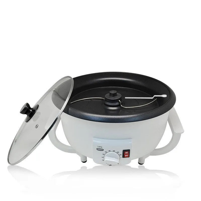 White oblate coffee roasting machine with 750g capacity and 225mm base diameter