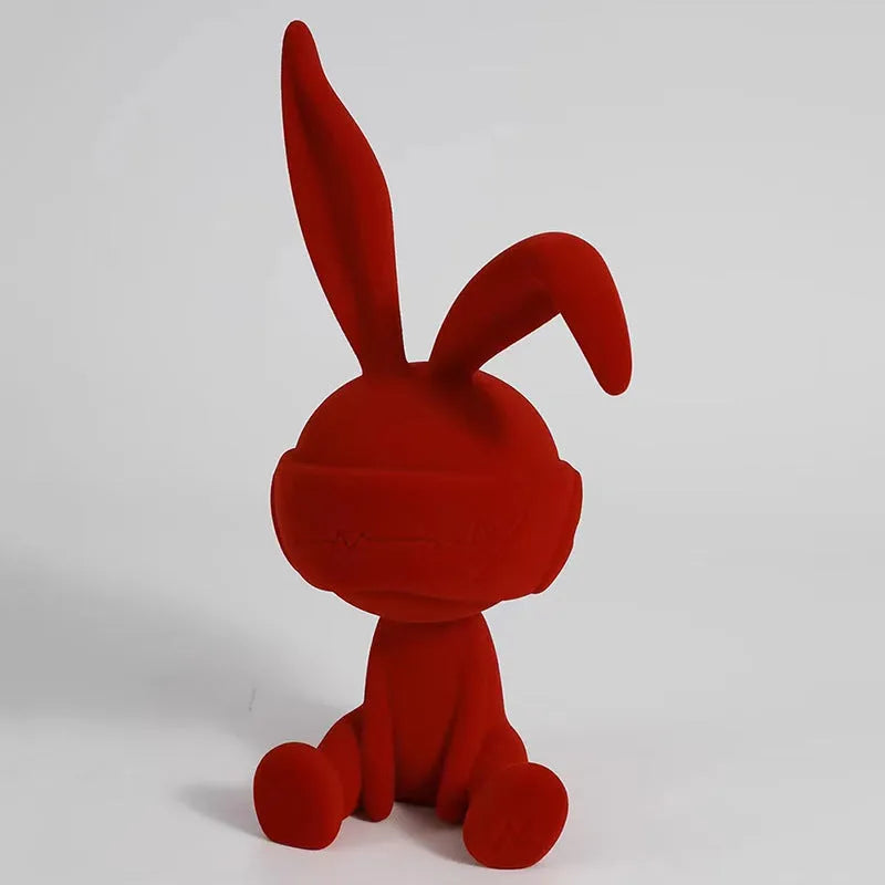 Suede blindfold rabbit resin table ornament in blue, green, or red colour options