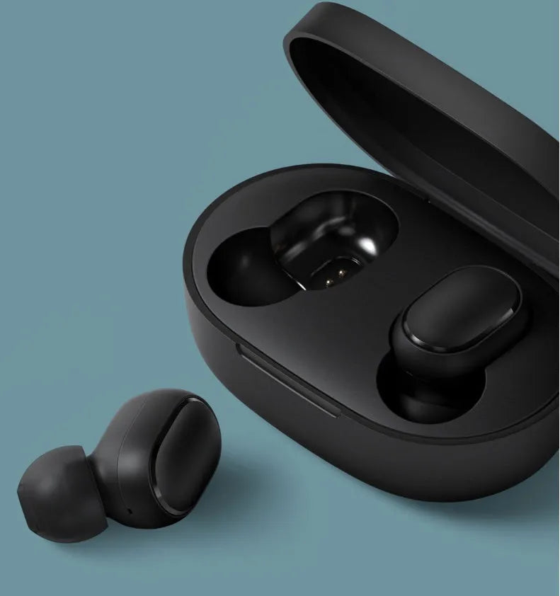 Redmi AirDots 2 black true wireless earbuds with charging case on a white background