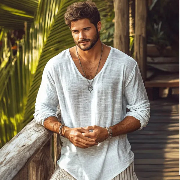 Men's slim fit beige V-neck long sleeve t-shirt in hemp blend polyester fabric
