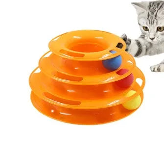 Four-layer interactive cat turntable toy with ball track tower, plastic, 16x29cm, in pink, blue or orange