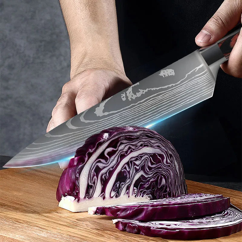 7CR17 Damascus steel chef knife with colour steel handle, 18cm blade