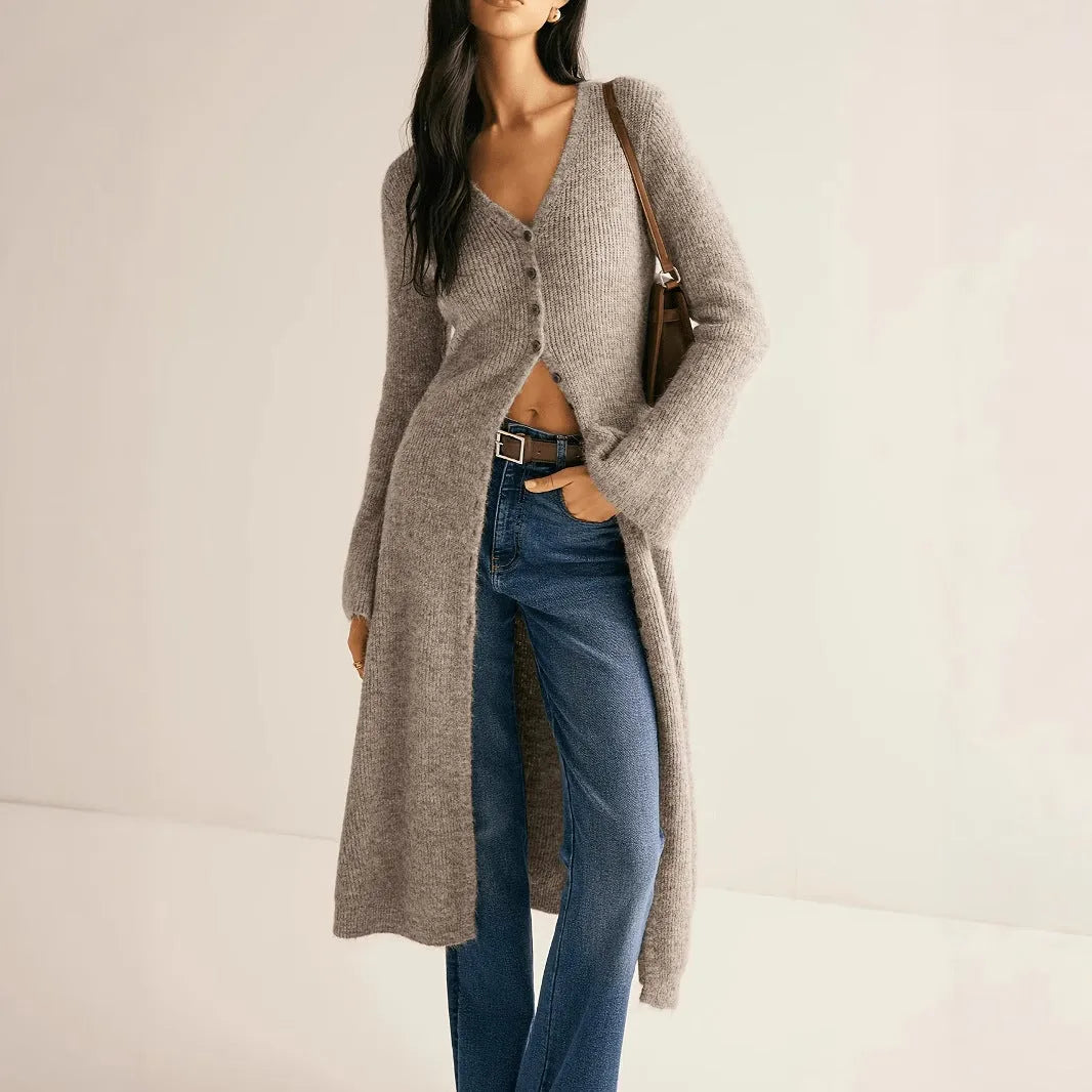 Khaki French style retro long sleeve cardigan coat with button fastening
