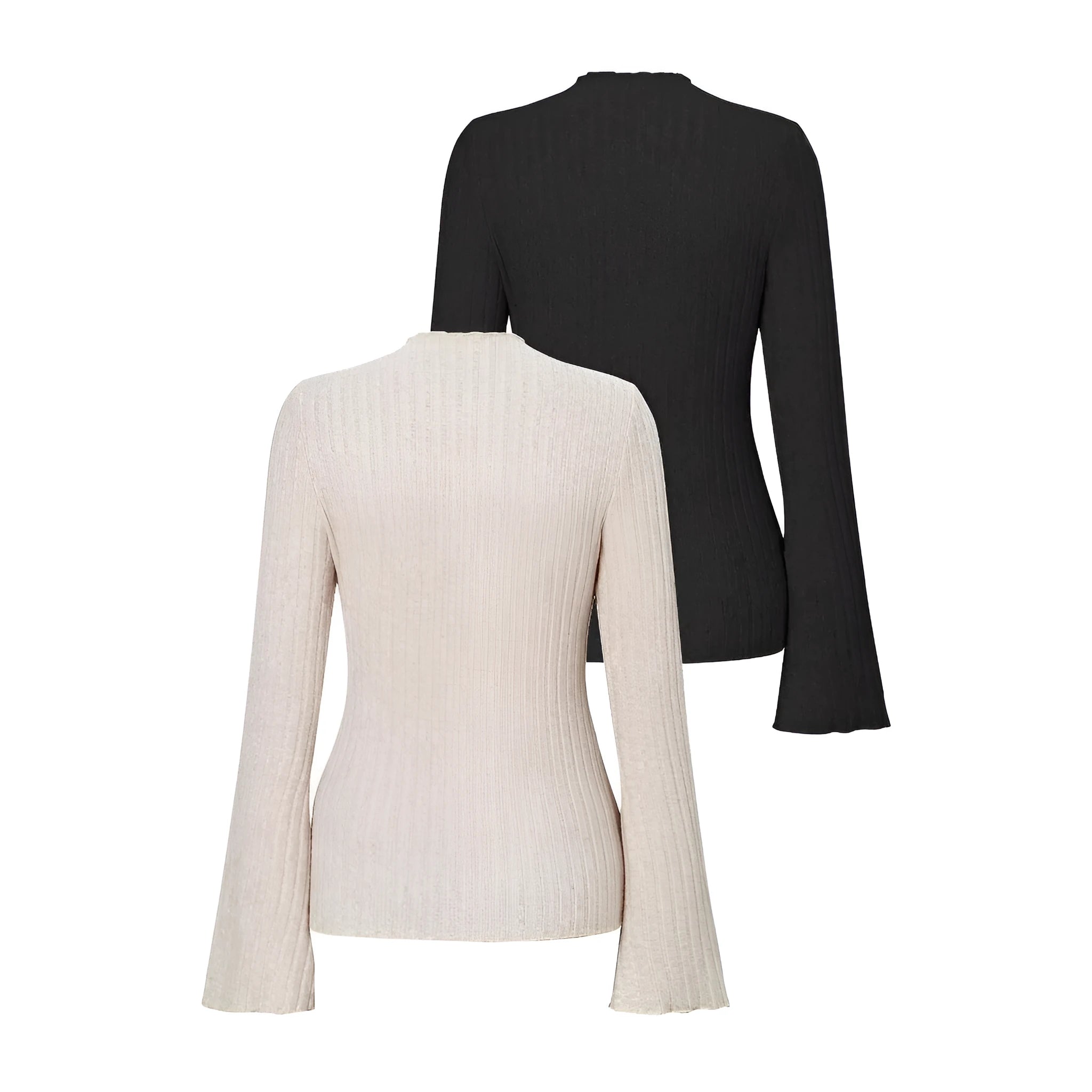 Long sleeve round neck top with lantern sleeves in black brushed polyester fabric