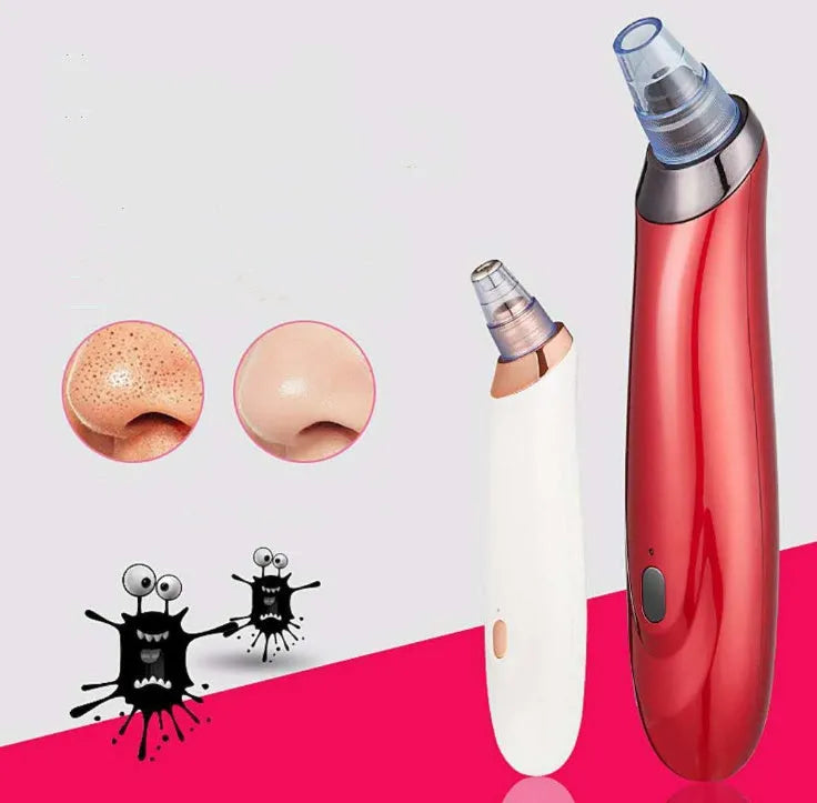 Black, gold, red, or white electric blackhead remover device with nozzle attachments on a white background.