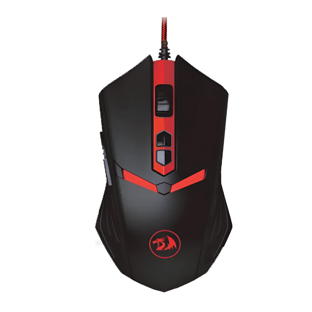 Black and red ergonomic USB wired gaming mouse with six buttons on a desk