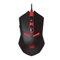 Black and red ergonomic USB wired gaming mouse with six buttons on a desk