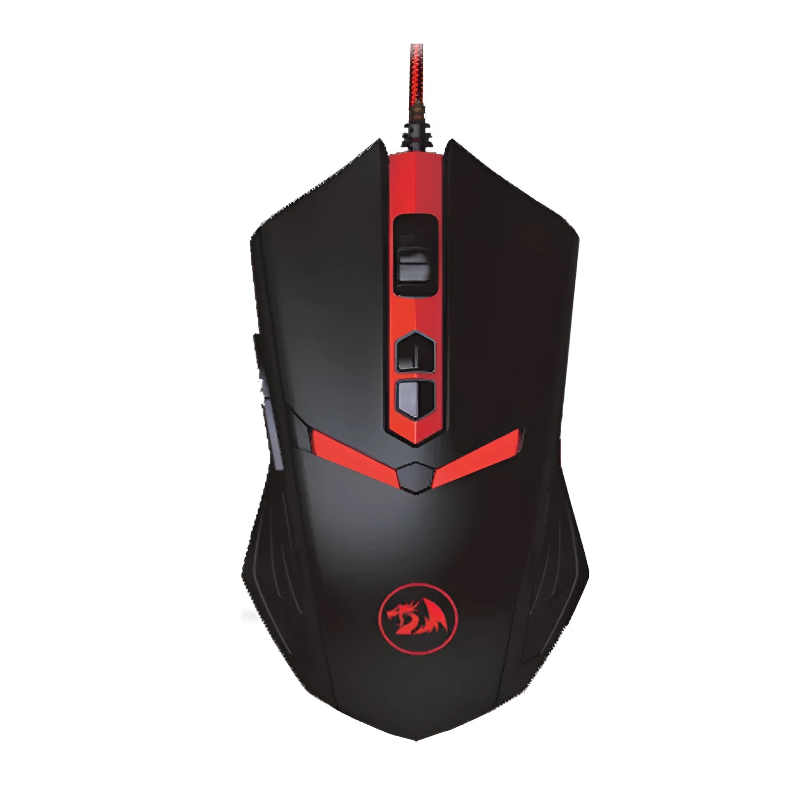 Black and red ergonomic USB wired gaming mouse with six buttons on a desk