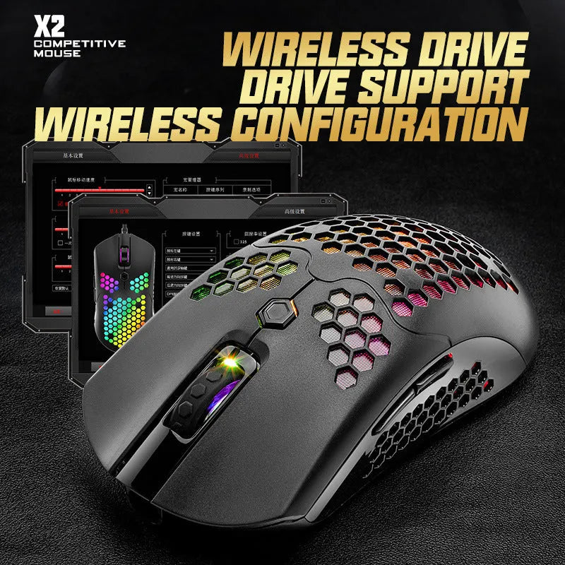 Free Wolf X2 wireless RGB gaming mouse in black, green, pink, white, or yellow with magnetic charger.