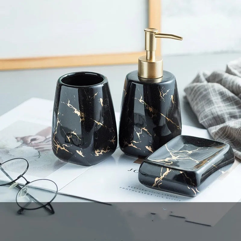 Ceramic bathroom wash set in black, blue, or white with a smooth porcelain finish and light luxury decal styling.