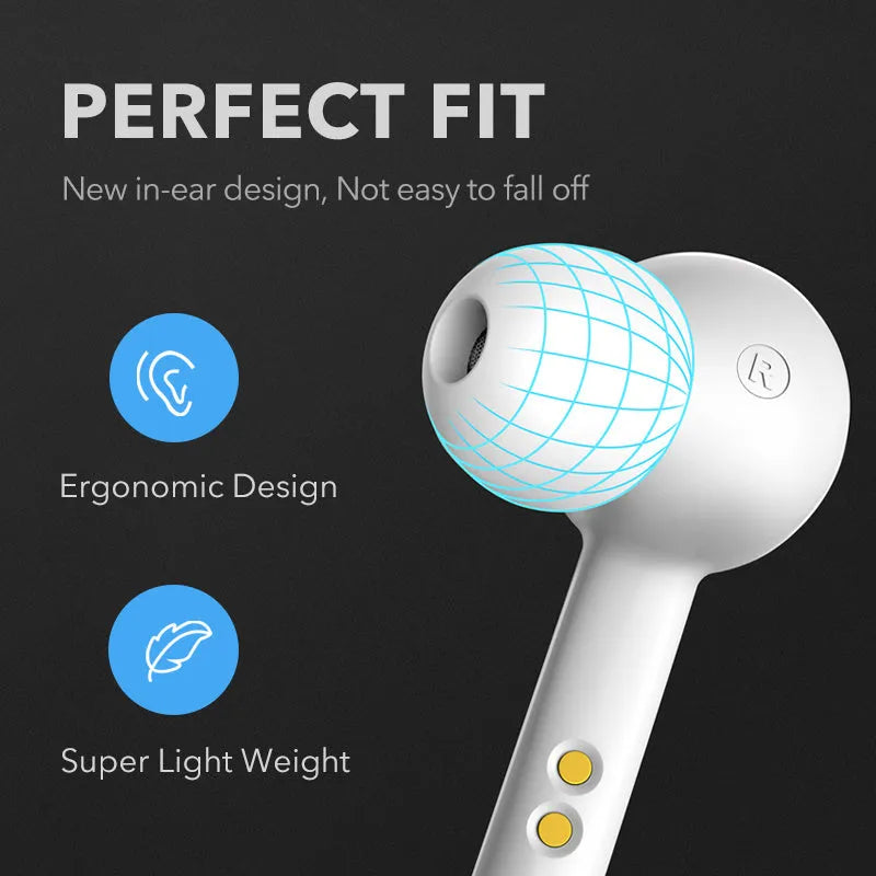 Black and white true wireless stereo earbuds with Bluetooth 5.0 and IPX5 waterproof rating.