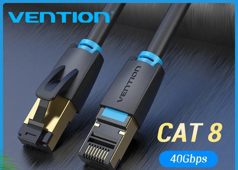 CAT8 shielded Ethernet cable with RJ45 connectors, shown in flat and round styles on a desktop.