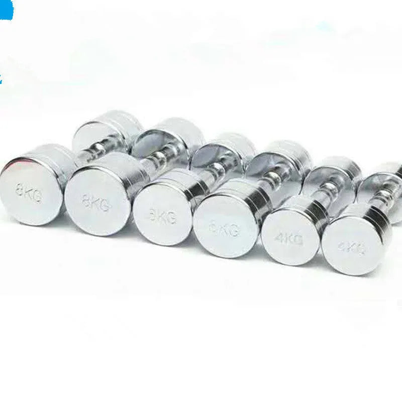 Silver pure steel electroplated dumbbell with ergonomic handle on a neutral background.