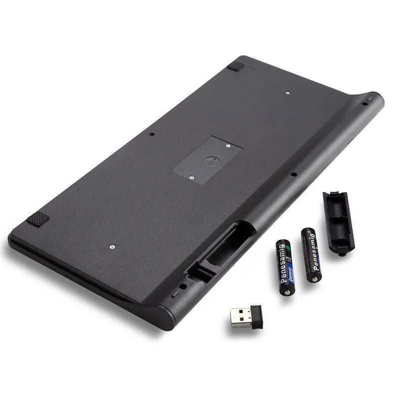 Black and white wireless keyboard and mouse set with 2.4GHz receiver showing 10m range