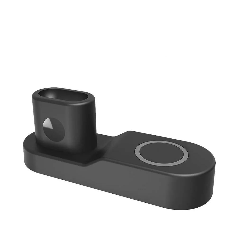 Black and white W3 3-in-1 wireless charging stand for iPhone, Apple Watch and AirPods on a desk