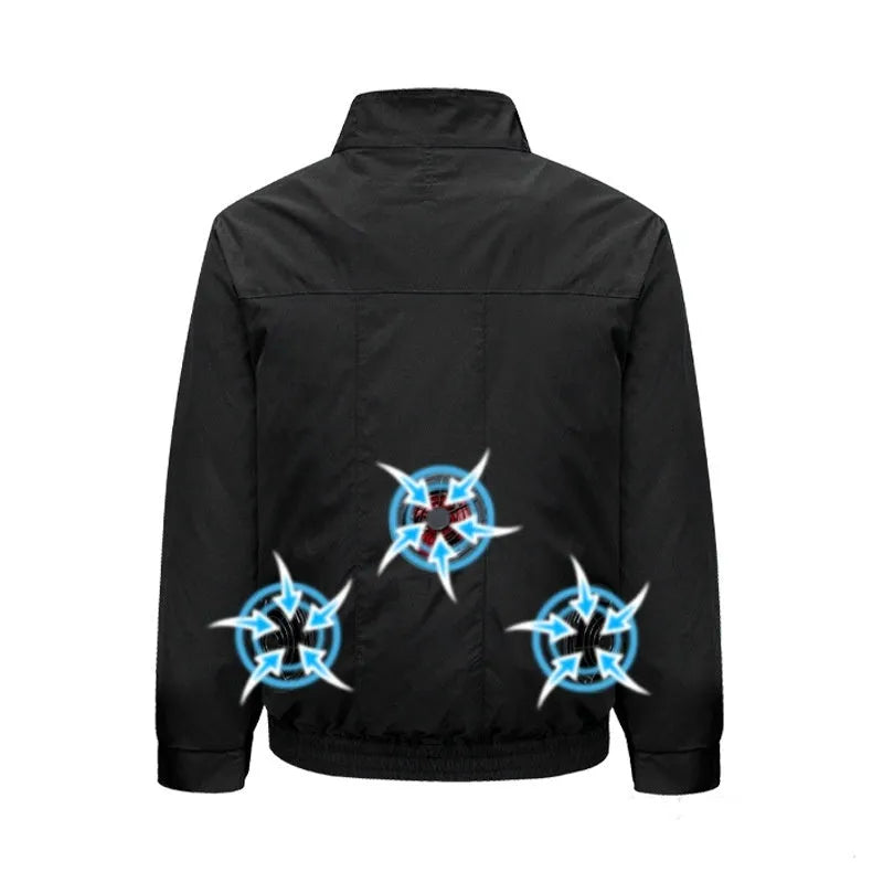 Men's smart cooling work jacket with fan holes in black or white polyester fabric
