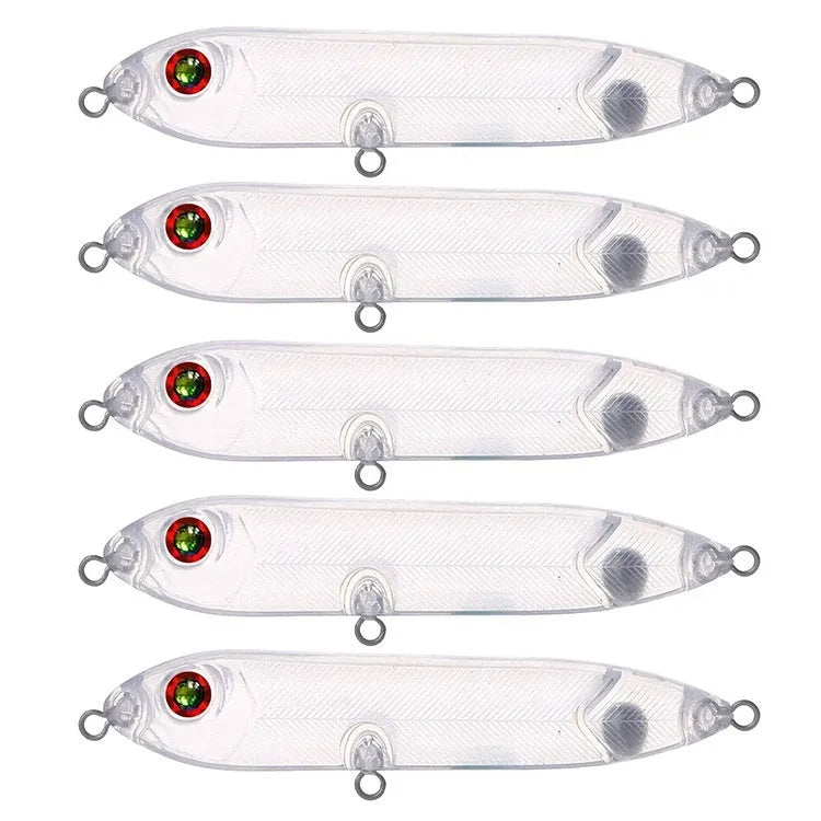 Transparent 9.5cm long blank soft plastic fishing bait body on a white background.