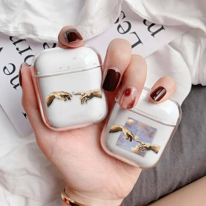 Transparent plastic protective case for Apple AirPods showing colour style options