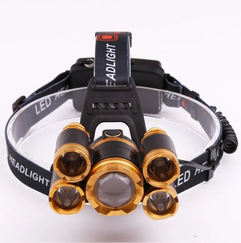 Gold or silver aluminium alloy head torch with adjustable head and zoom focus, showing sensor switch option.