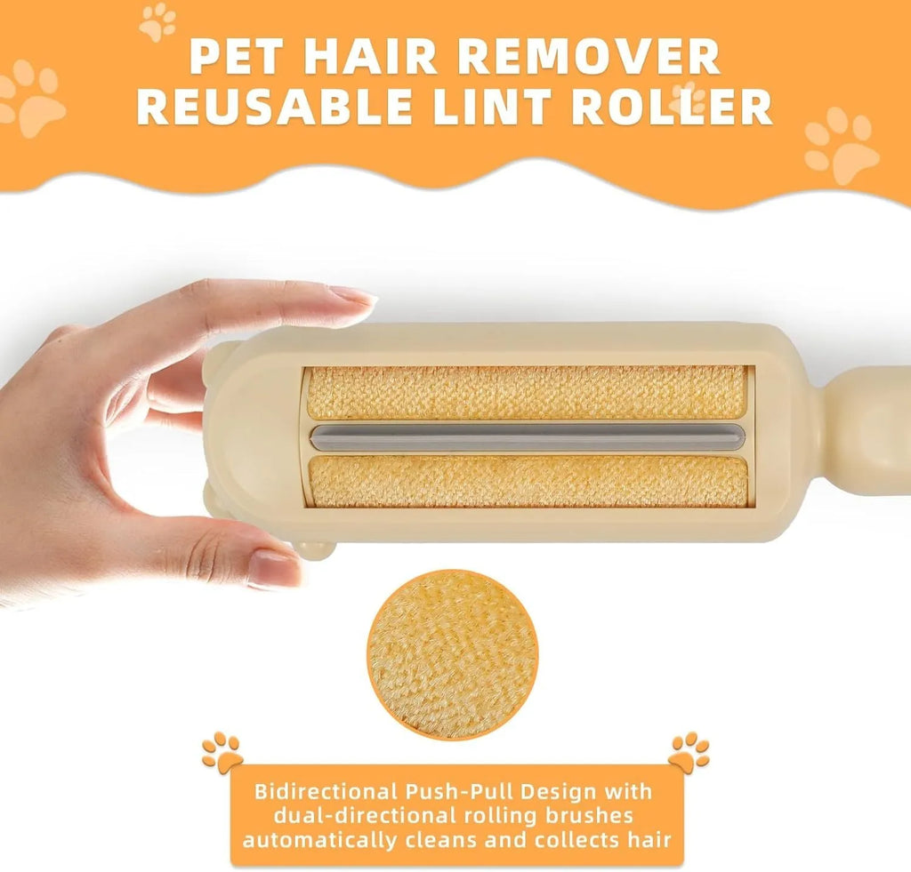 Blue reusable pet hair removal tool with a handle and roller, designed for furniture and car seats
