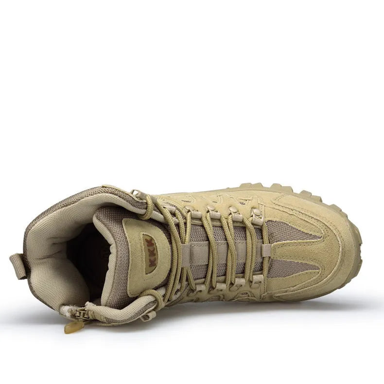 Men's black US Army Delta Tactical Boots with rubber sole shown on a rocky outdoor path.