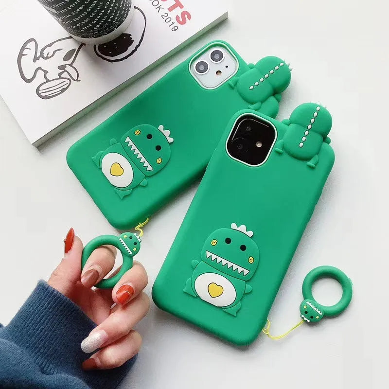 Green silicone iPhone case with cartoon animal design showing back cover protection