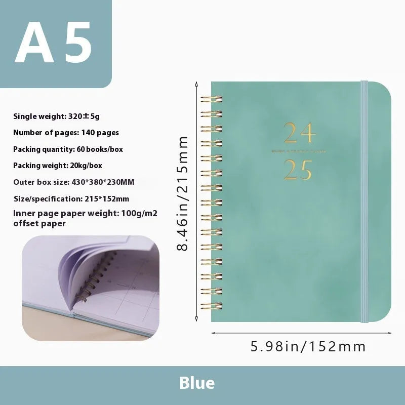 A5 size PU leather notebook with metal coil binding in a choice of colours including black, blue, brown, and pink.