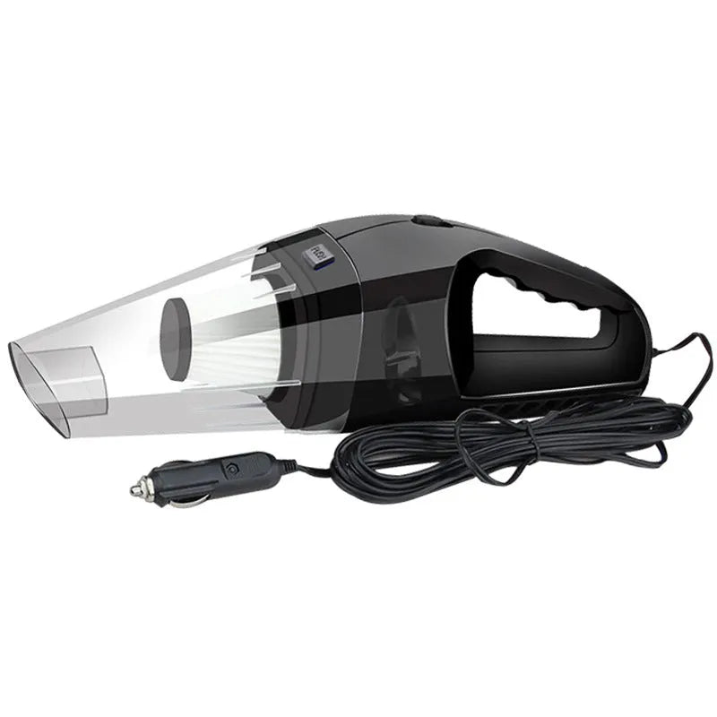 Orange 12V handheld car vacuum cleaner with nozzles on a car seat