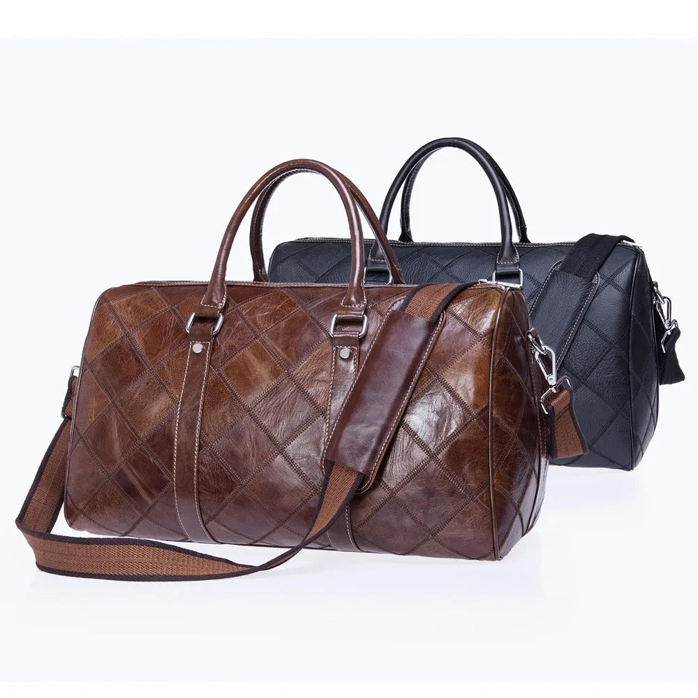 Vintage brown cowhide leather men's duffel bag with a single shoulder strap, shown open to reveal internal organiser pockets.