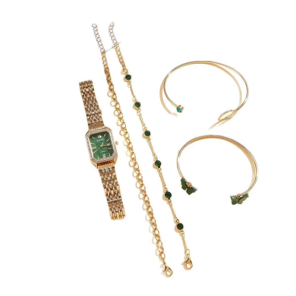 Gold green square steel ladies watch with four matching butterfly bracelets in complete fashion jewellery set