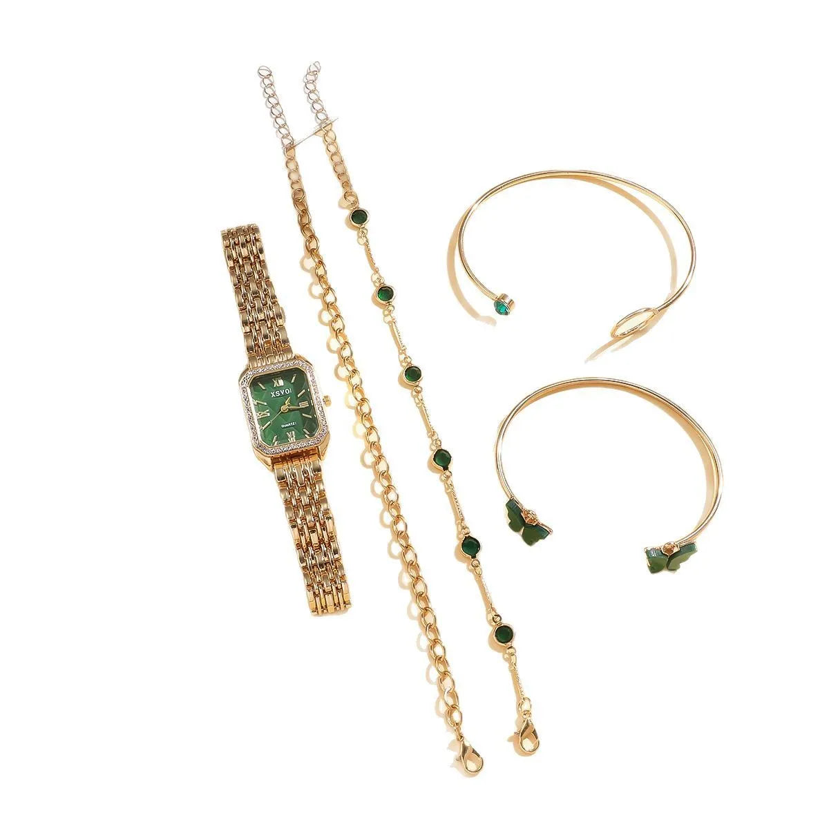 Gold green square steel ladies watch with four matching butterfly bracelets in complete fashion jewellery set